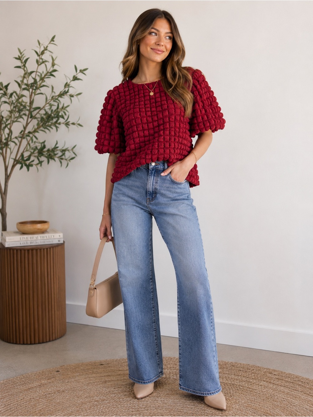TCEC Burgundy Textured Bubble Popcorn Puff Sleeve Statement Blouse Size M